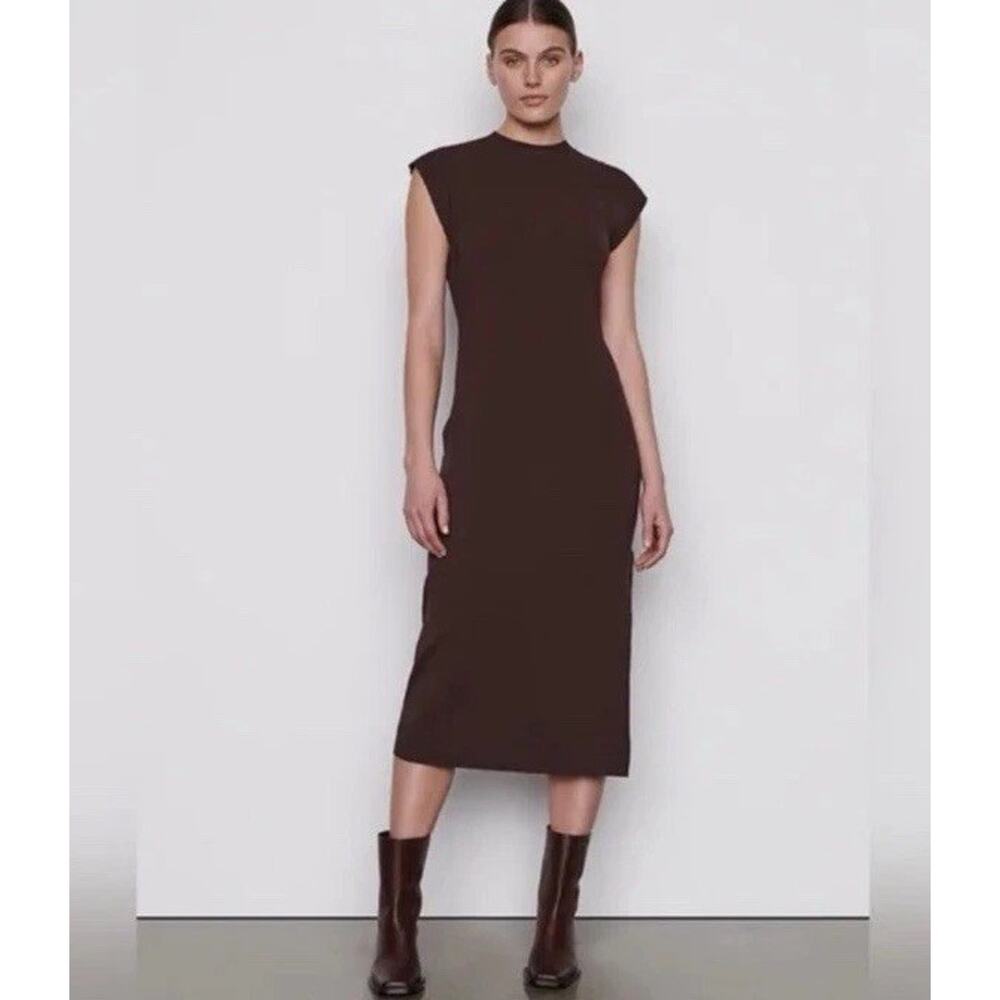 Frame Organic Cotton Brown Cap Sleeve Side Slit Midi T Shirt Dress L